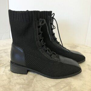 Black Mid Calf Ribbed Stretch Lace Up Low Heel Boots Size 37 (6.5 US)